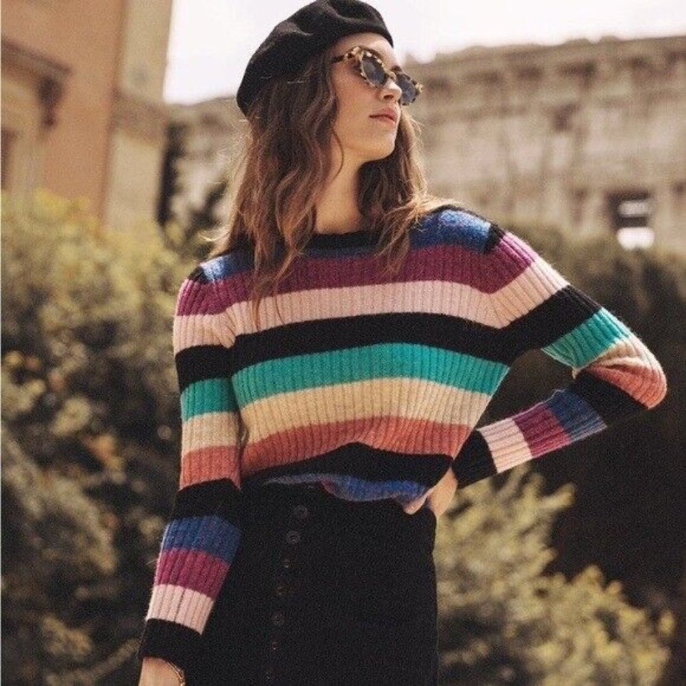 Rails Kylie Black Rainbow Stripe Alpaca Sweater NEW Size M